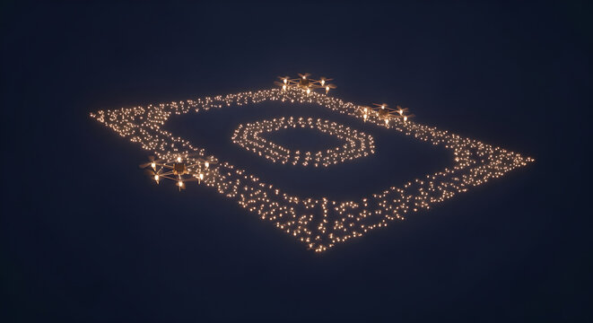 A large group of people form a spiral pattern with candles at night.