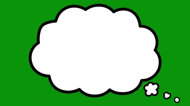 White Thought Bubble Cloud Shape on Green Screen Background - Cartoon Comic Dream Text Box Frame Chroma Key - Minimalist Thinking Message Pop Up Motion Graphic