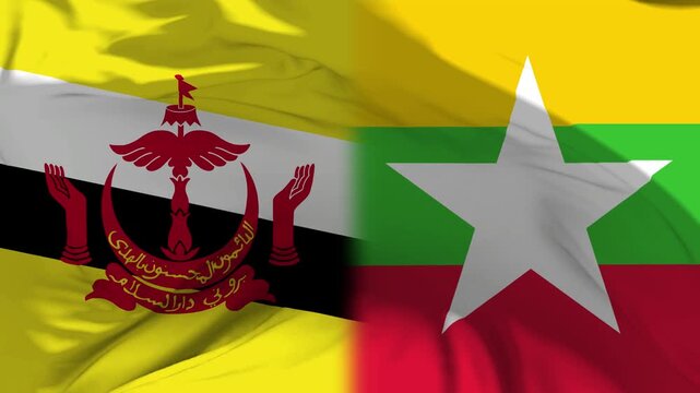Brunei And Myanmar Flag Waving in Slow Motion Loop Animation