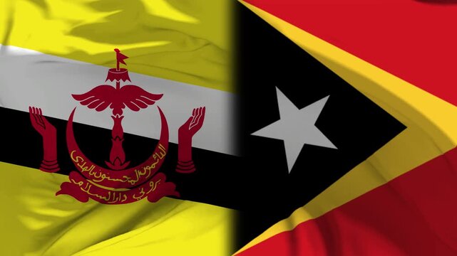Brunei And Timor Leste Flag Waving in Slow Motion Loop Animation