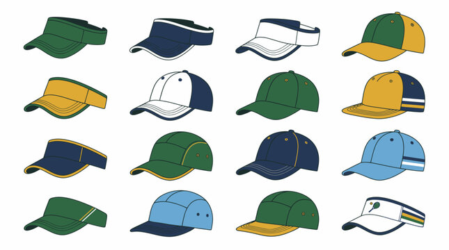 Collection of assorted baseball caps and sun visors.