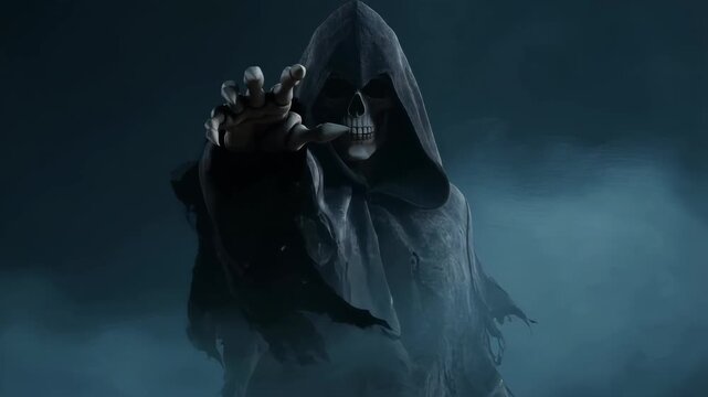 Mysterious hooded figure reaching out in dark, foggy atmosphere
