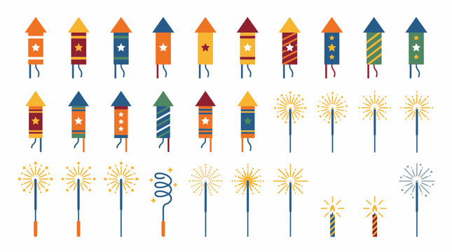Festive firework rockets and sparklers set for celebration and holiday decorations.