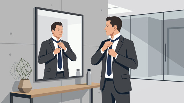Businessman Tying Tie Reflection Mirror