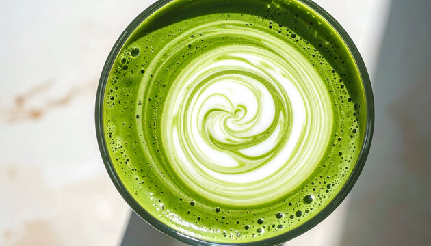 Top view of a vibrant green matcha latte with intricate foam art.