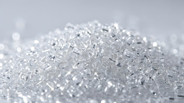Heap of shiny transparent plastic pellets with bright sparkles, raw polymer granules for manufacturing, chemical industry concept, generative AI