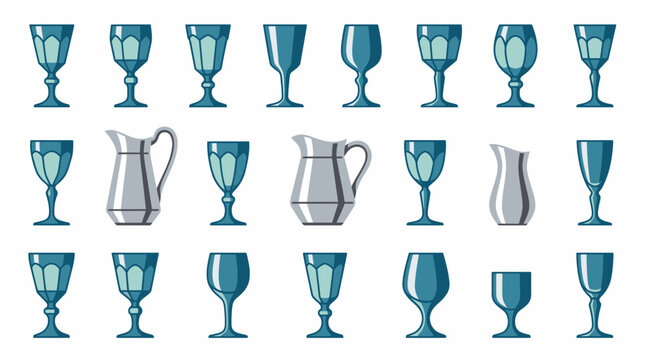 Blue glass wine goblets and beverage decanters.