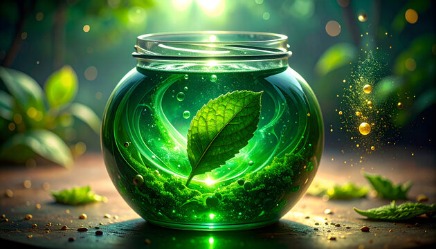 Magical Green Elixir in a Jar with Floating Leaf and Sparkles.