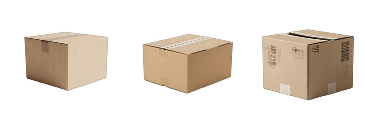 Cardboard delivery boxes isolated on white background, set of brown shipping boxes, carton packages, and parcel containers for e-commerce, logistics, and moving day designs, transparent cutout PNG gra © Joker