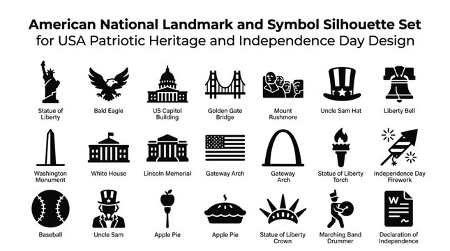 American national landmark and symbol silhouette set for usa patriotic heritage and independence day design, traditional american icons.