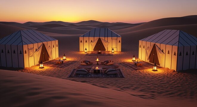 Three Desert Tents with Illuminated Lanterns at Sunset 3D Render for Travel and Tourism Background