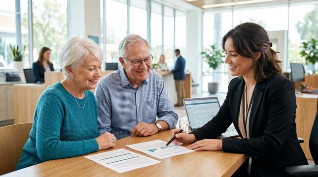 Professional financial consultation for a senior couple reviewing documents at a modern bank desk.
