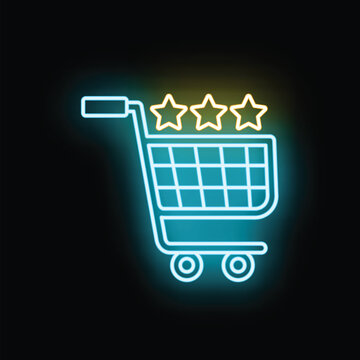 Neon shopping cart icon displaying a three star customer satisfaction rating