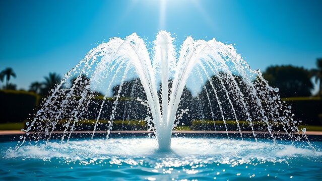 Arc of water from a fountain creating a parabolic trajectory, sparkling droplets in sunlight.