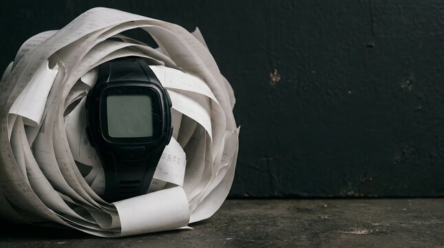 Black digital watch wrapped in a tangled receipt roll representing excessive legal billing bureaucratic delay and corporate audit pressure