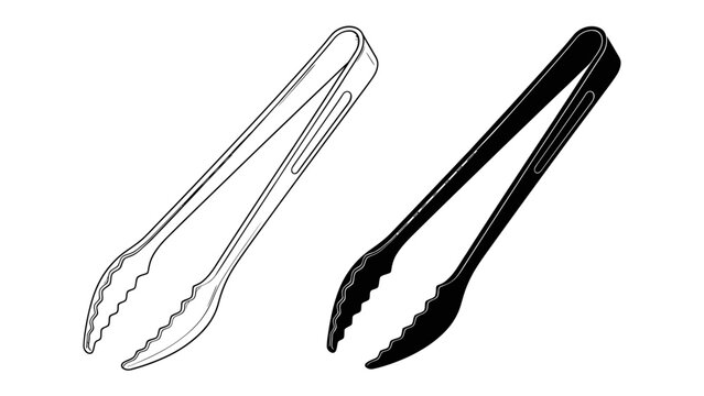 Kitchen Tongs: A simple illustration showcasing a pair of kitchen tongs, one in an outline sketch and the other in black, ideal for culinary graphics and cooking tutorials.