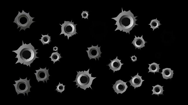 Cartoon bullet holes appearing on a black background animation
