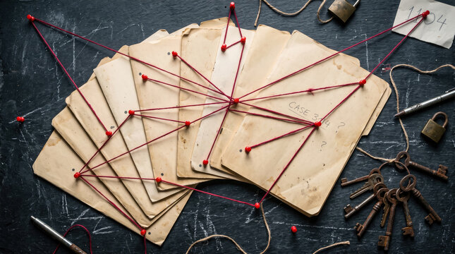 Overhead view of old manila folders connected by red string, symbolizing investigation and problem-solving.
