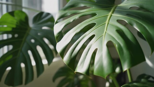 Close up of a hand gently touching a large green monstera leaf with natural window light