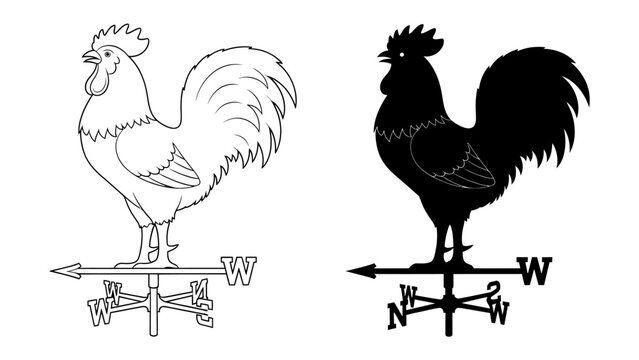 Rooster Weather Vane Duo: A striking black silhouette and an outline sketch of a rooster atop a weather vane, ready to point the way, embodying classic farm charm.