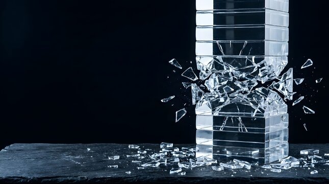 Stacked transparent glass blocks shattering and exploding violently against a dark background symbolizing structural failure sudden disruption and breakthrough