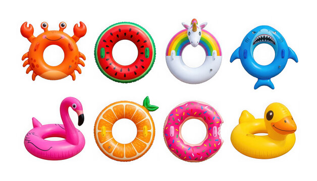 Set of colorful inflatable pool floats isolated on transparent background