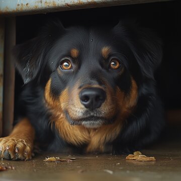 Cute mixed breed dog lying down and looking at camera