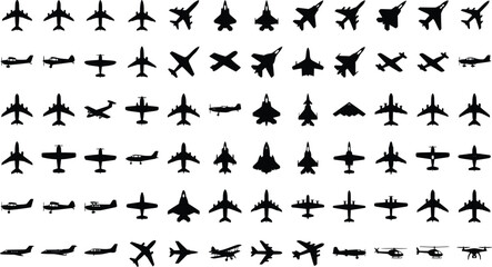 Airplane silhouette collection, 72 black aircraft icons in EPS format, military jet and commercial plane vector set for aviation design © Creative Wings