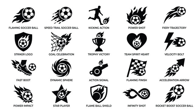 Dynamic soccer ball vector icon set featuring flaming speed trails kicking action power shots trophies hearts lightning bolts and high velocity movement for sports branding.