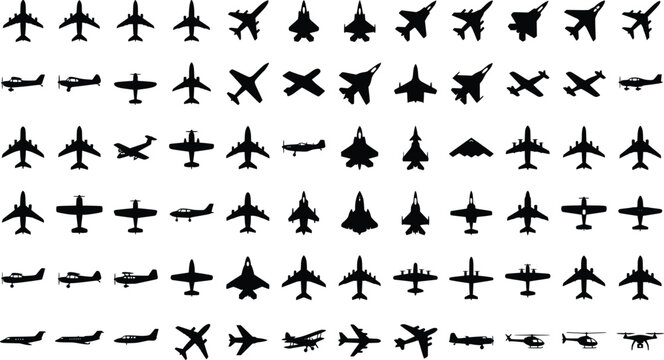 Airplane silhouette collection, 72 black aircraft icons in EPS format, military jet and commercial plane vector set for aviation design