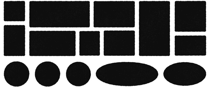 Collection of black geometric shapes with a grainy, textured finish, including rectangles, squares, circles, and ovals on a white background