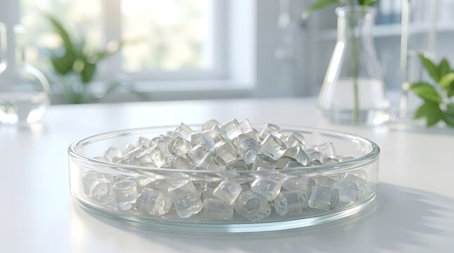Transparent recycled plastic pellets in a petri dish on a laboratory table, sustainable eco friendly material science, generative AI