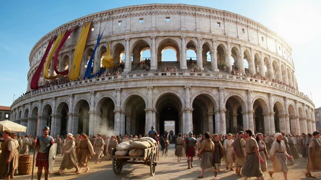 Ancient Rome bustling daily life at the Colosseum with gladiatorial games, market vendors, soldiers, and colorful banners in daylight cinematic footage