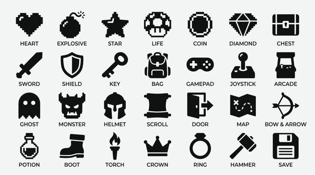 Pixel art gaming icons set featuring heart bomb star life mushroom coin diamond chest sword shield key bag gamepad joystick arcade ghost monster helmet scroll door map bow.