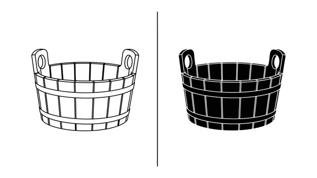 Wooden Tub Contrast: A side-by-side depiction showcases a wooden tub in both outline and solid black form, highlighting its rustic design and functional shape.