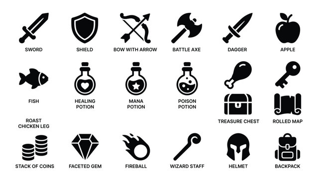 RPG adventure inventory icons set featuring sword shield bow arrow battle axe dagger apple fish roast chicken leg health mana poison potion treasure chest map and coins.