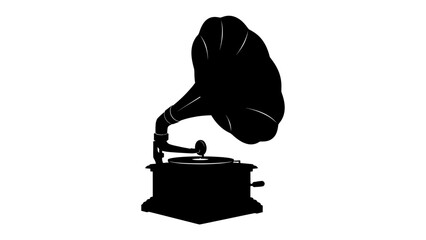 Vintage Gramophone Silhouette: A striking black silhouette of an antique gramophone, a classic emblem of early sound recording technology, stands as a testament to musical history. © Md