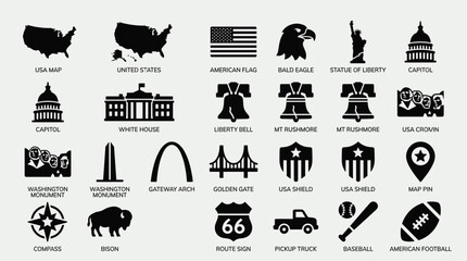 Set of american travel and cultural icons featuring landmarks transportation sports symbols and state icons for united states tourism and geography related design work. © Ananna