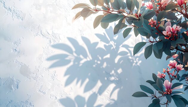 A high-definition, realistic photograph featuring the detailed, overlapping shadows of intricate natural foliage cast against a textured, off-white plaster wall. Created by the warm, intense sunlight 