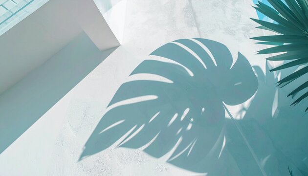 A high-definition, realistic photograph featuring the detailed, overlapping shadows of intricate natural foliage cast against a textured, off-white plaster wall. Created by the warm, intense sunlight 