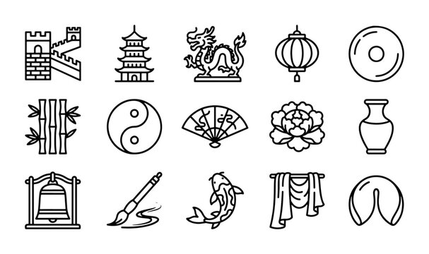 Chinese Culture Icons: Dragon, Pagoda, Great Wall, Fortune Cookie, Yin Yang, Bamboo, Lantern