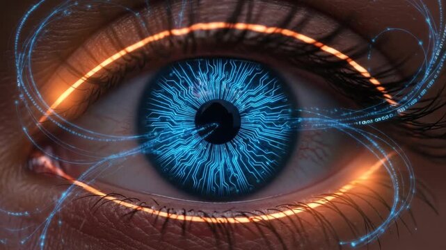 Futuristic Human Eye with Digital Circuitry and Binary Data Streaming