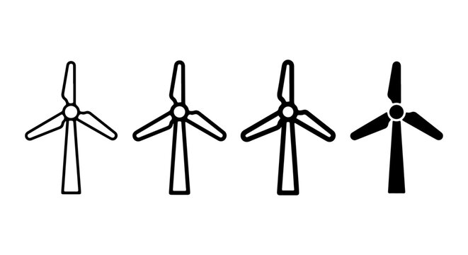 Windmill icon set, four black and white vector wind turbine symbols, renewable energy graphics for sustainable power concepts