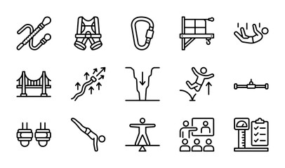 Adventure Sports Icons: Bungee Jumping, Zipline, Bridge, Cliff Diving, Safety Gear Vector Set © Sneha Sikder