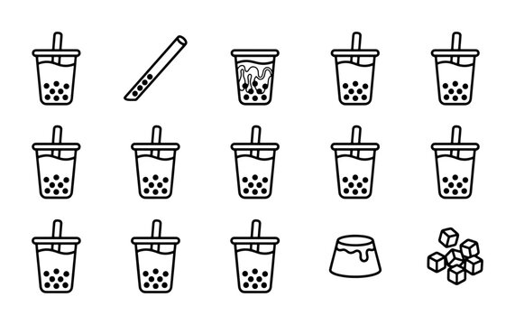 Bubble Tea Icons Set: 15 Vector Graphics for Beverage Menus, Cafes, and Food Branding