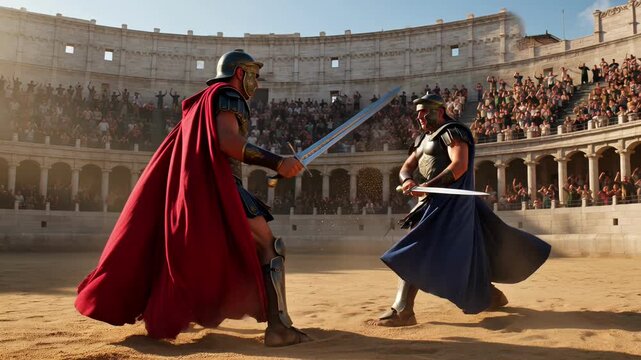 Breathtaking slow-motion cinematic gladiator combat in sunlit ancient Roman arena with clashing steel swords, billowing capes, and roaring crowd - epic duel footage