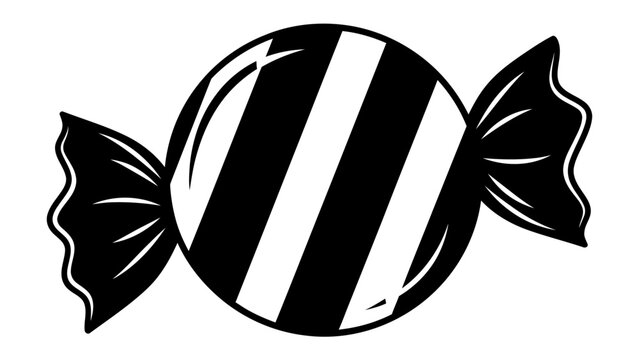 Striped Candy Wrapper: A simple yet striking graphic of a round candy, adorned with bold black and white diagonal stripes, tightly wrapped in crinkled cellophane, hinting at a sweet treat within.
