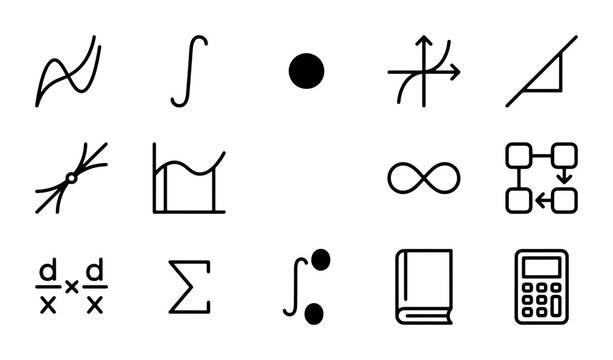 Math Symbols Vector Icons Set, Calculus Formulas, Algebra Graphics, Education Concepts