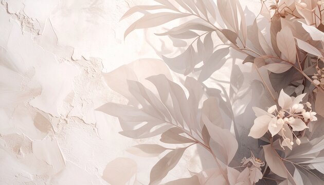 A high-definition, realistic photograph featuring the detailed, overlapping shadows of intricate natural foliage cast against a textured, off-white plaster wall. Created by the warm, intense sunlight 