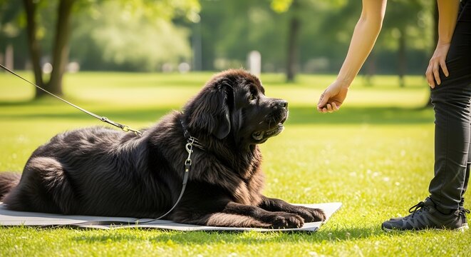 Large black dog resting on grass lawn during active obedience training session
